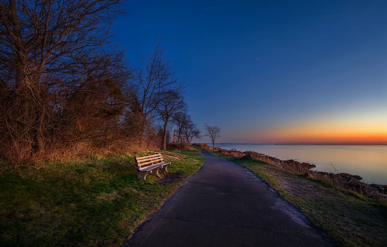Photo wallpaper sunset, shore, bench