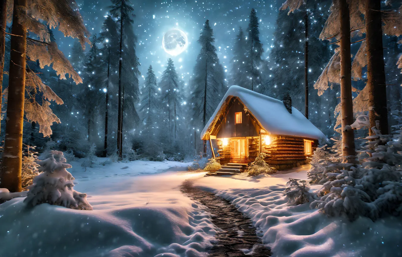 Photo wallpaper winter, forest, snow, mountains, night, nature, house, house
