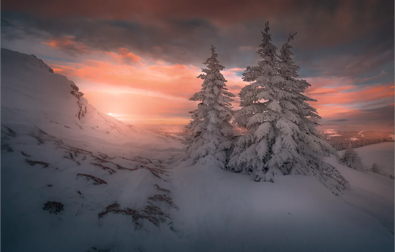 Photo wallpaper winter, the sky, clouds, snow, sunset, mountains, ate, the snow
