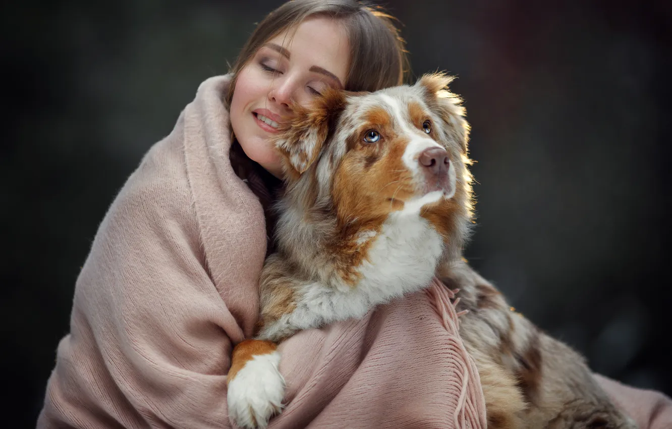 Photo wallpaper girl, face, each, mood, dog, friendship, plaid, closed eyes