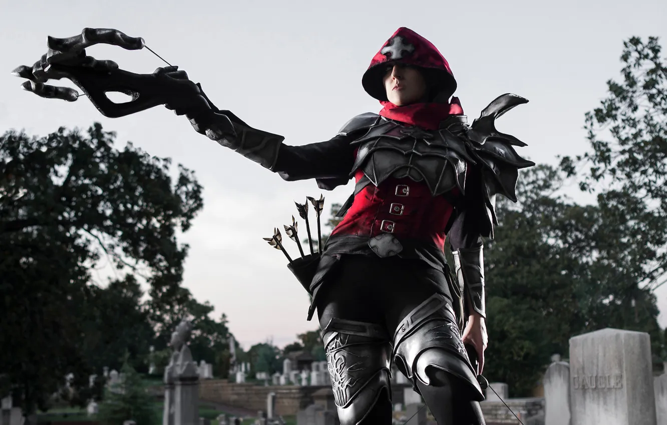 Photo wallpaper girl, armor, cemetery, diablo, cosplay, crossbow, Demon Hunter