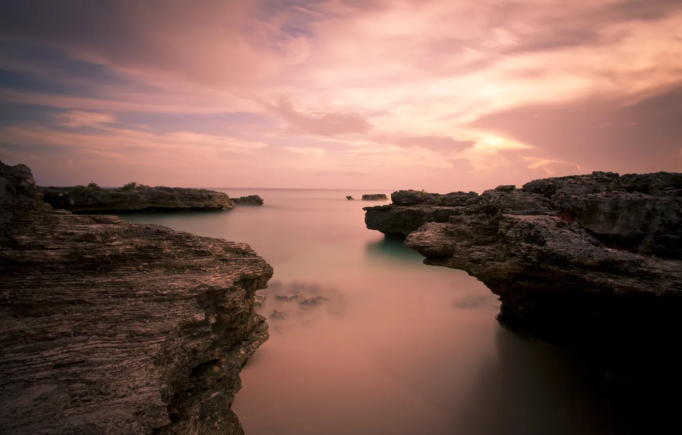 Photo wallpaper landscape, nature, the ocean, rocks, dawn
