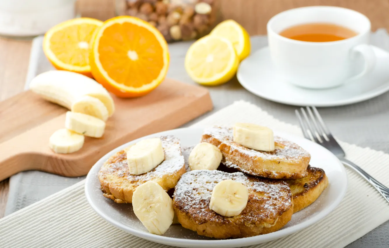 Photo wallpaper lemon, tea, orange, bananas, citrus, cakes, orange, banana