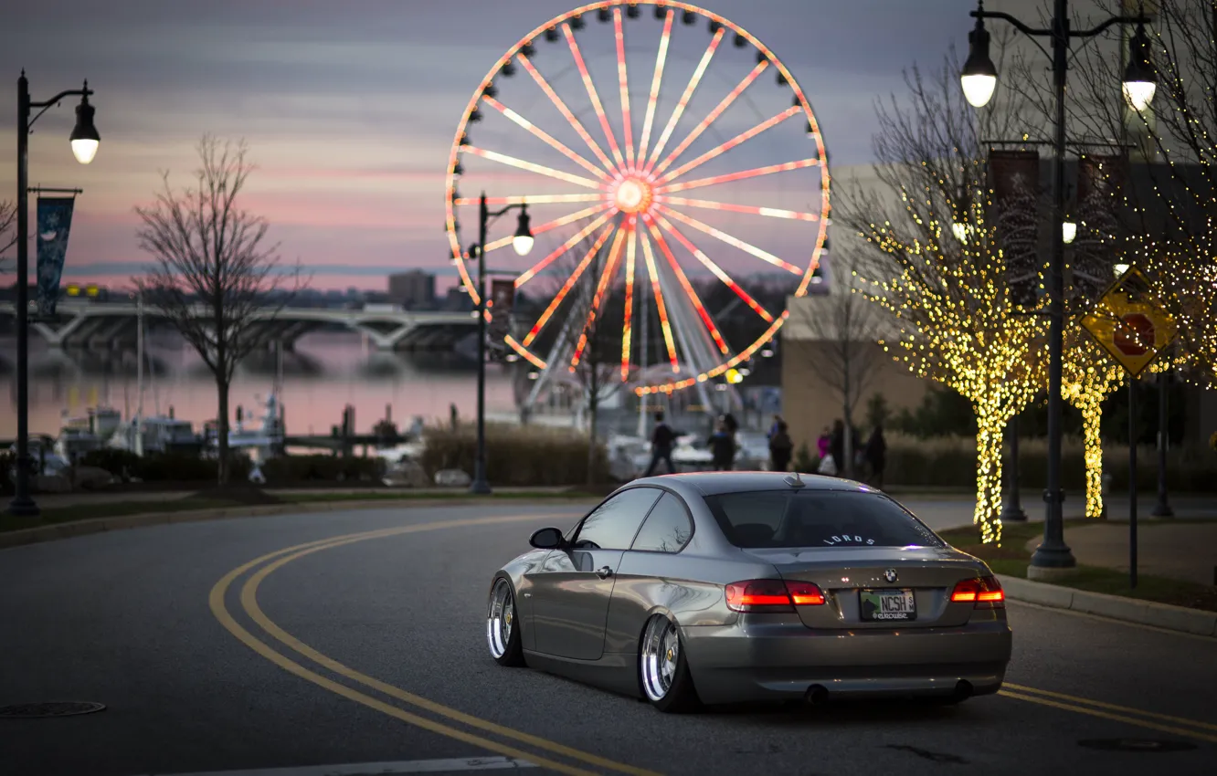 Photo wallpaper bridge, the city, river, people, branch, street, boats, BMW