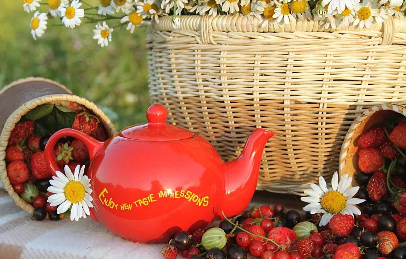 Photo wallpaper berries, tea, basket, kettle