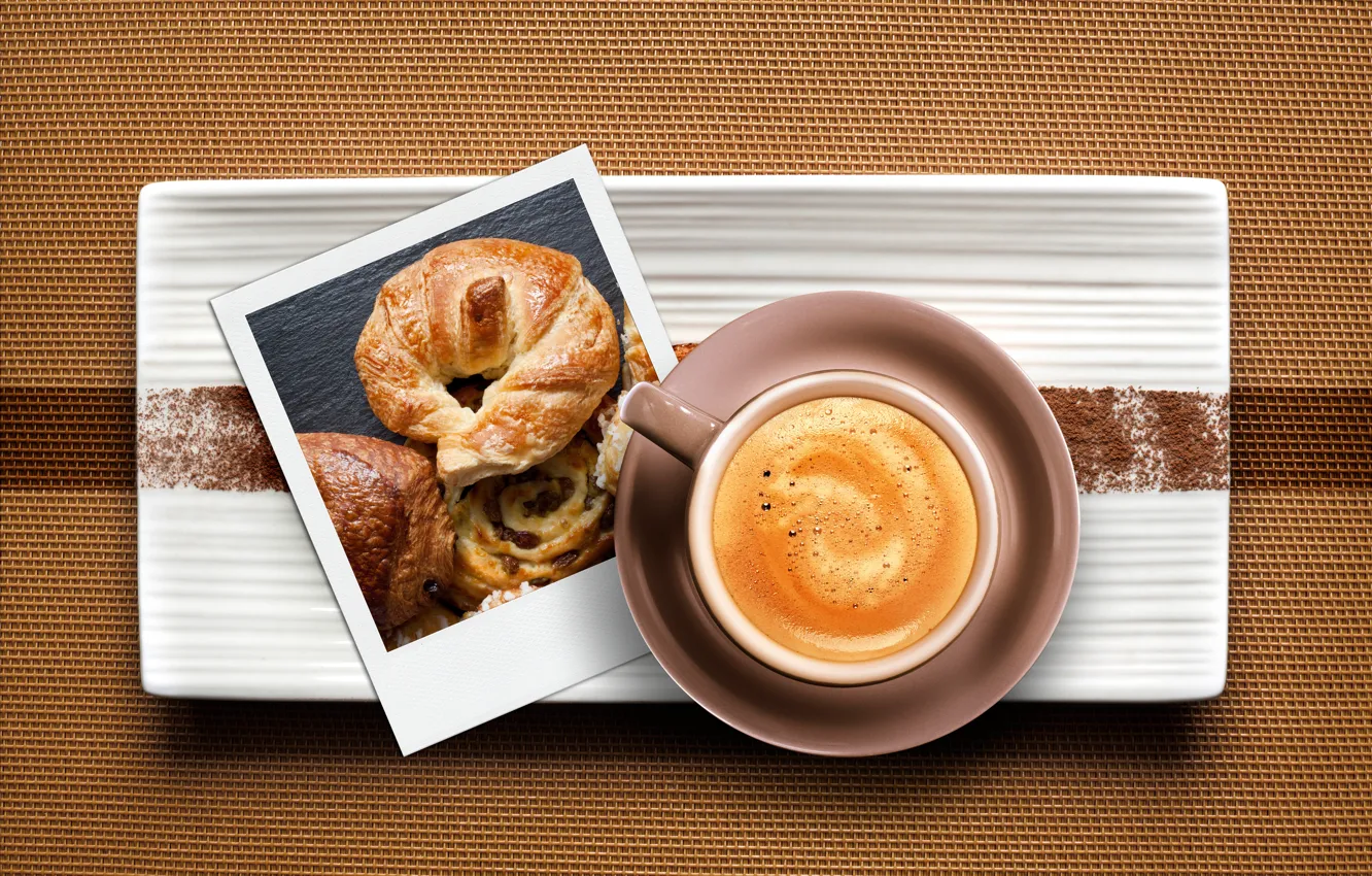 Photo wallpaper photo, coffee, Cup, drink, cappuccino, the view from the top, croissant