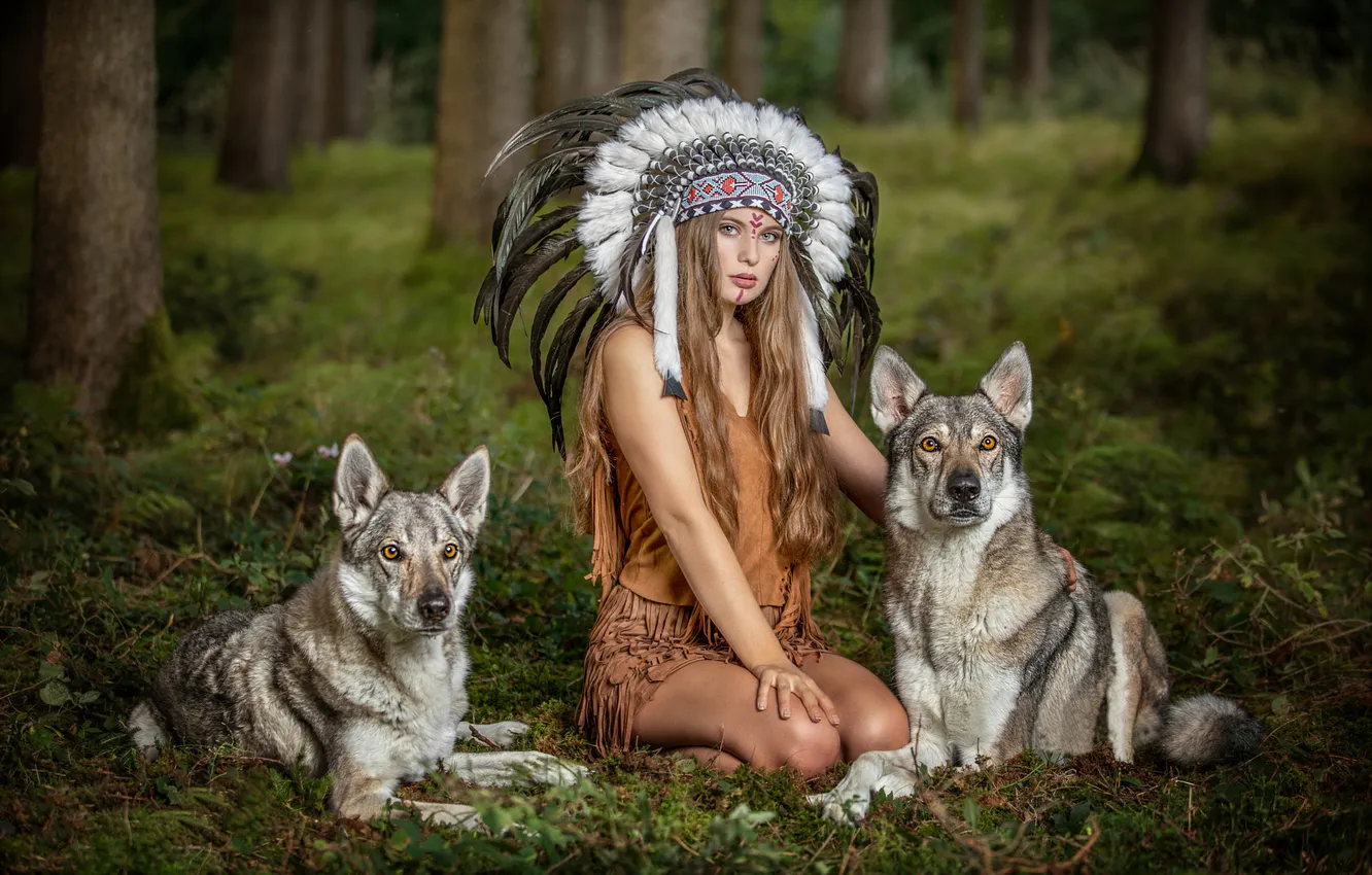 Photo wallpaper forest, girl, pose, wolf, dog, feathers, fantasy, headdress