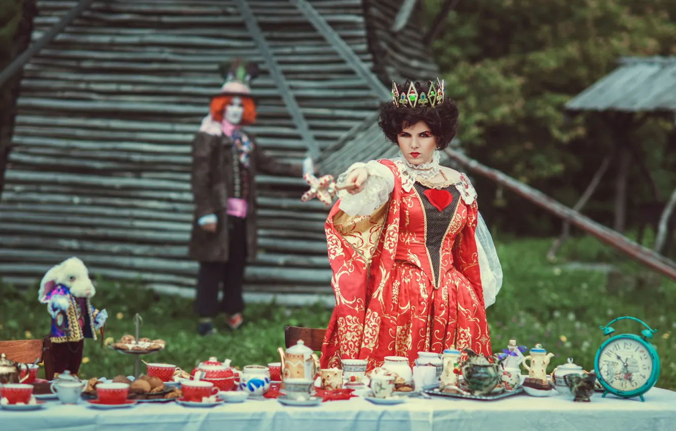 Photo wallpaper look, girl, pose, table, rabbit, Alice in Wonderland, Queen, mad Hatter