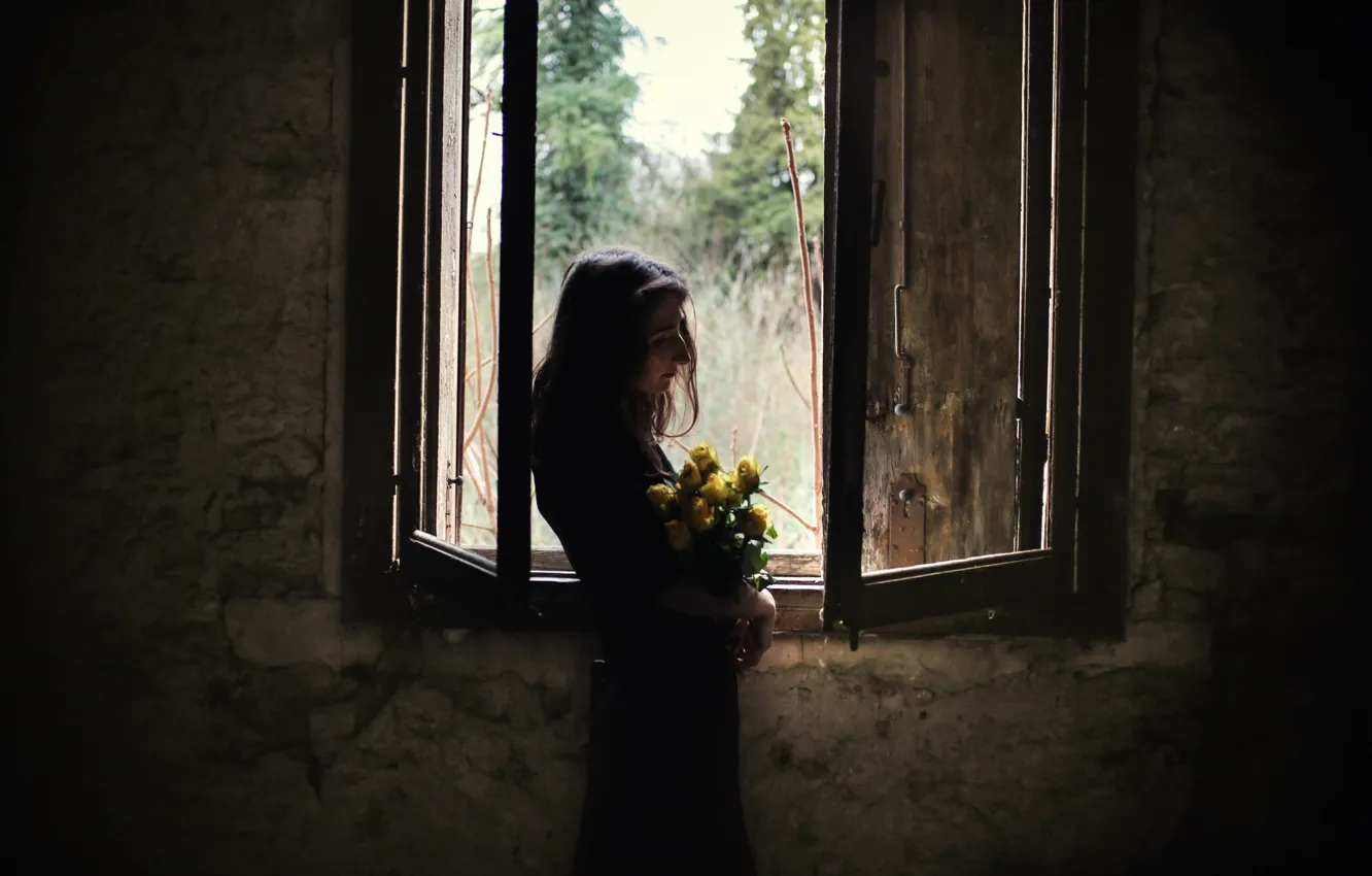 Photo wallpaper girl, flowers, window
