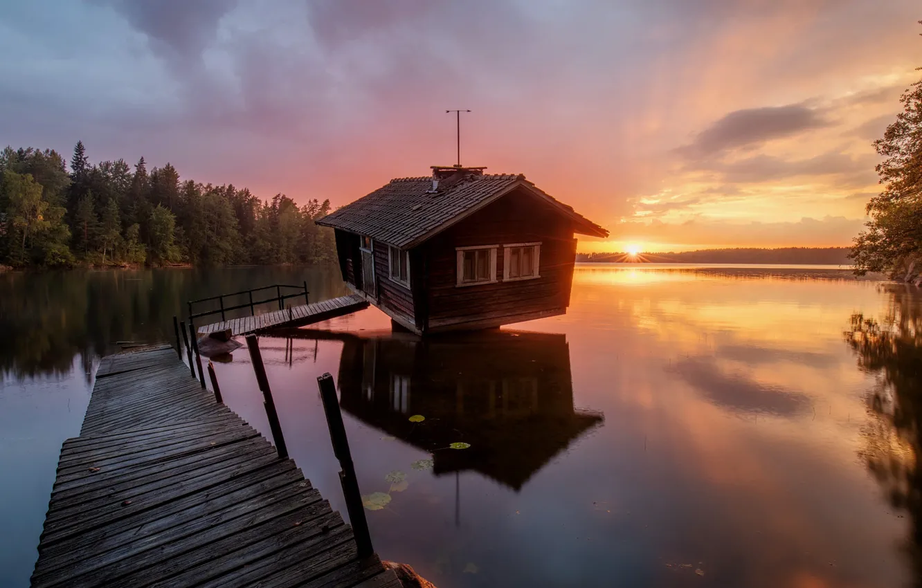 Photo wallpaper forest, sunset, lake, reflection, shore, the evening, pierce, house