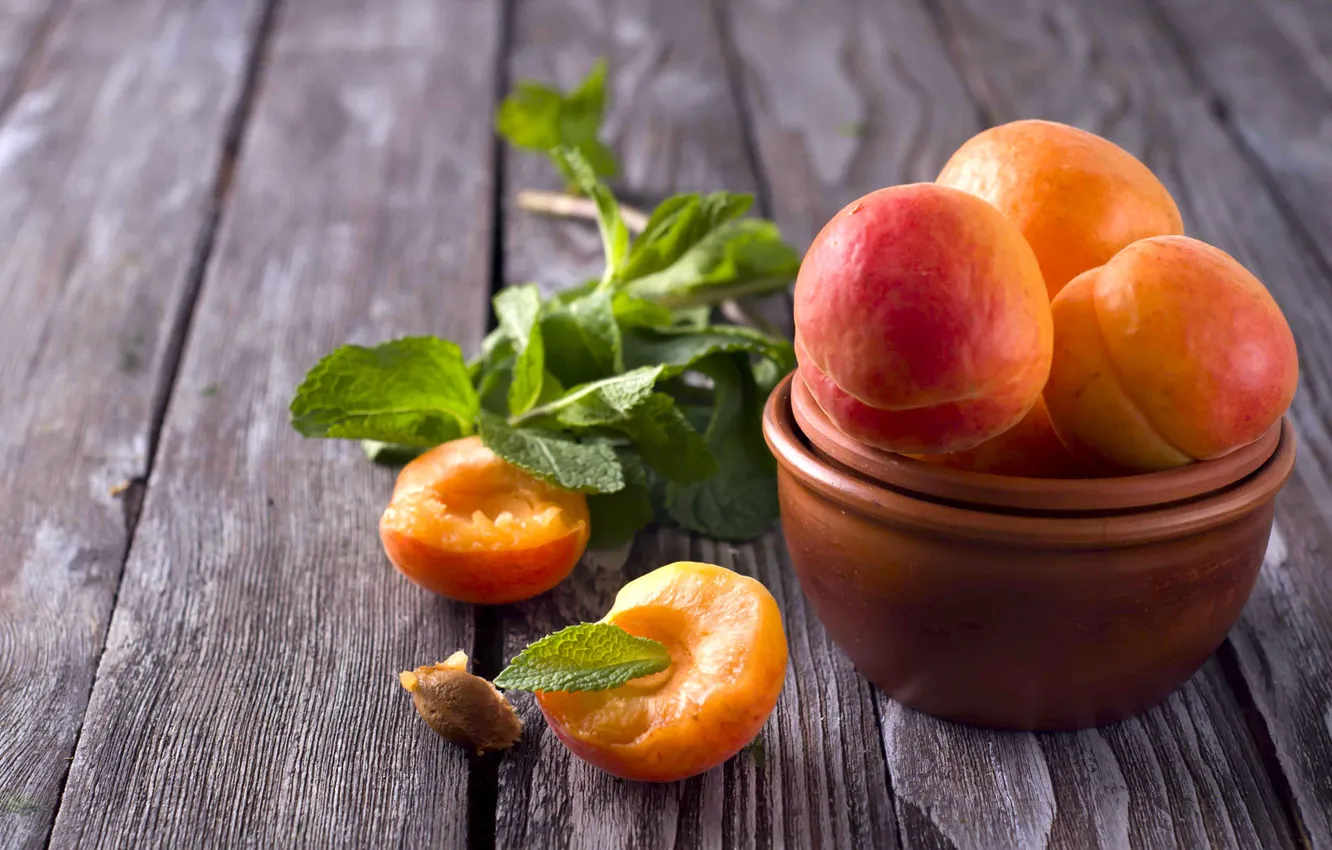 Photo wallpaper leaves, Board, bowl, fruit, mint, apricots