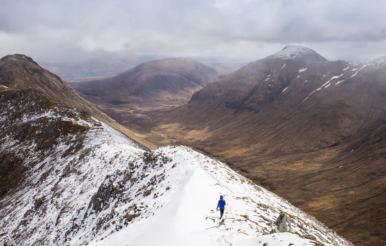 Photo wallpaper girl, woman, mountains, snow, model, hills, Scotland, cold