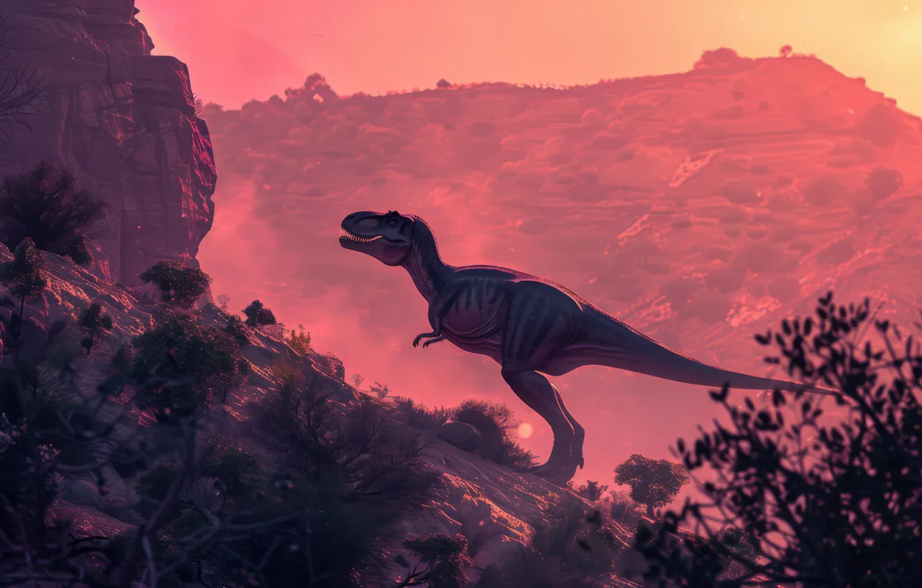 Photo wallpaper mountains, animal, dawn, dinosaur, predator, Tyrannosaurus, digital art, Tyrannosaurus Rex