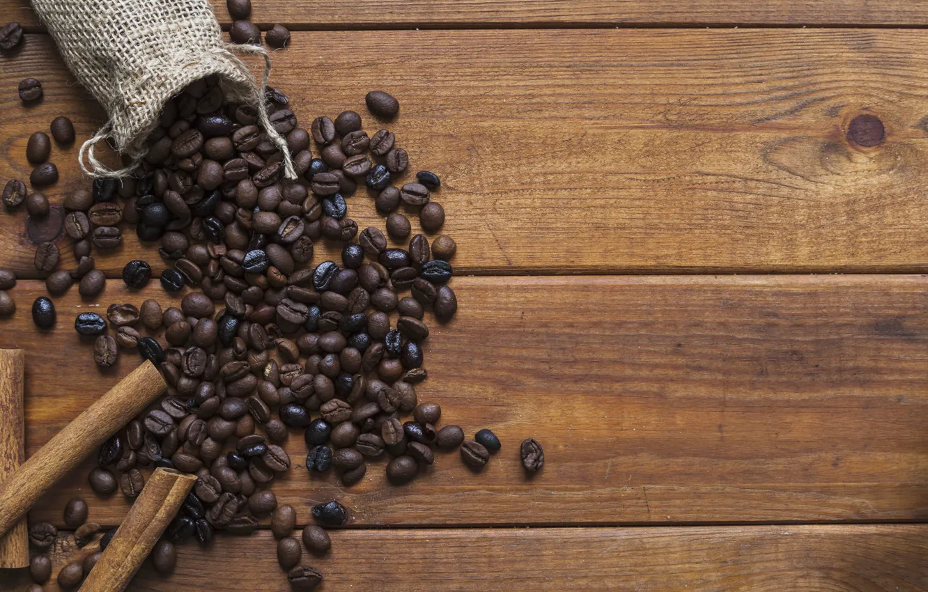 Photo wallpaper coffee, cinnamon, wood, coffee beans, pouch
