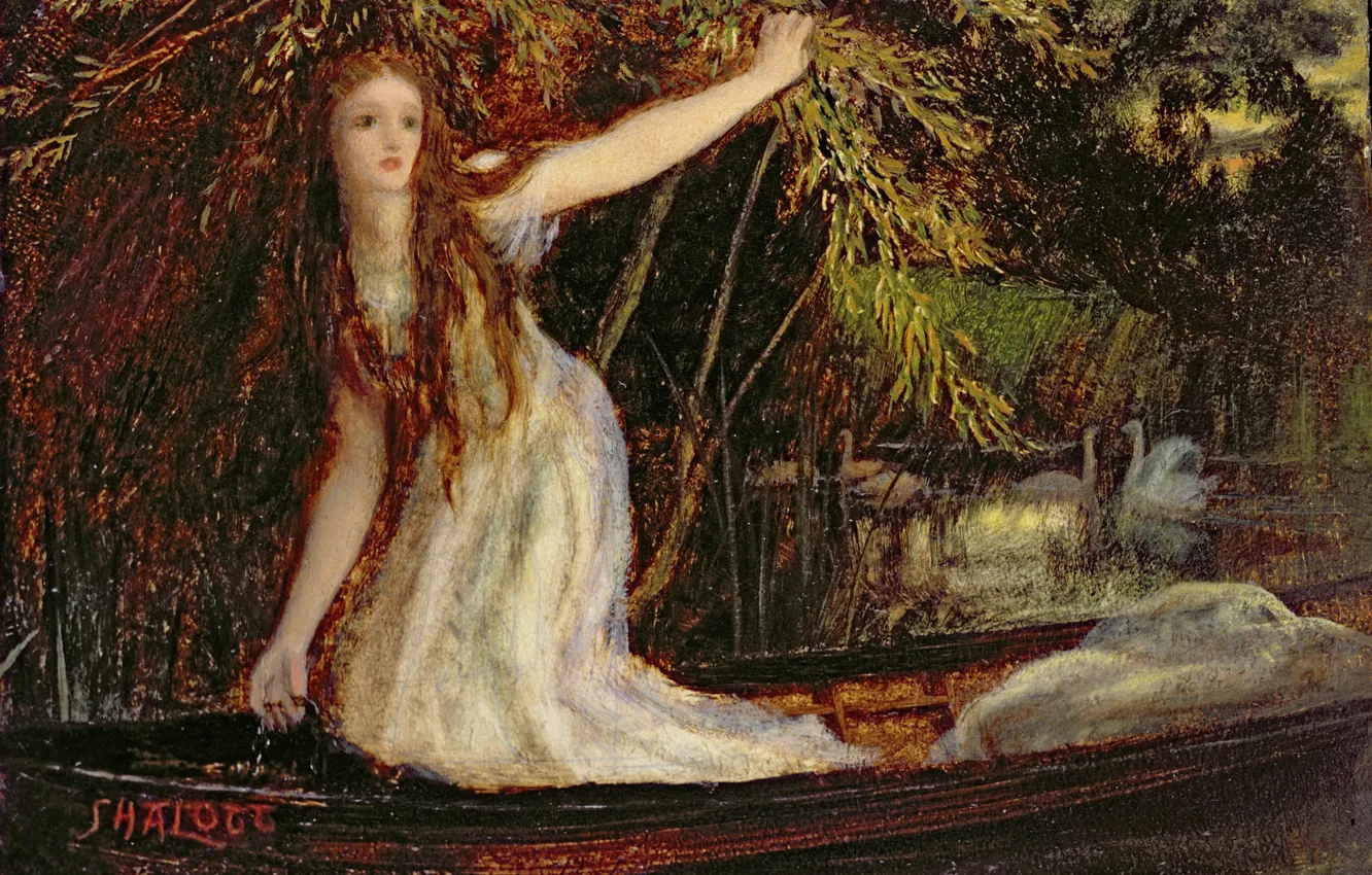 Photo wallpaper red, the girl on the boat, Arthur Hughes, Lady Shallot