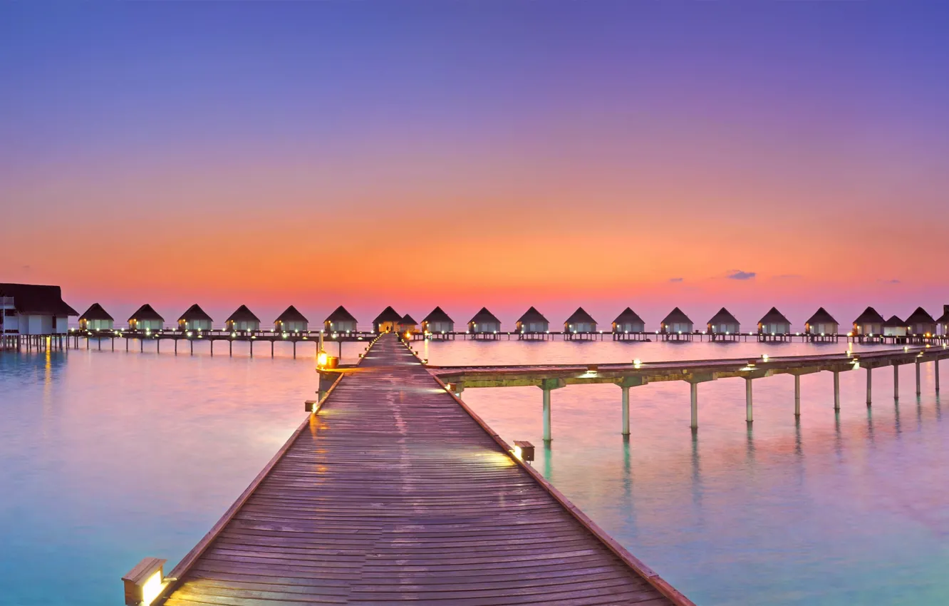 Photo wallpaper ocean, sunset, panorama, Maldives, resort