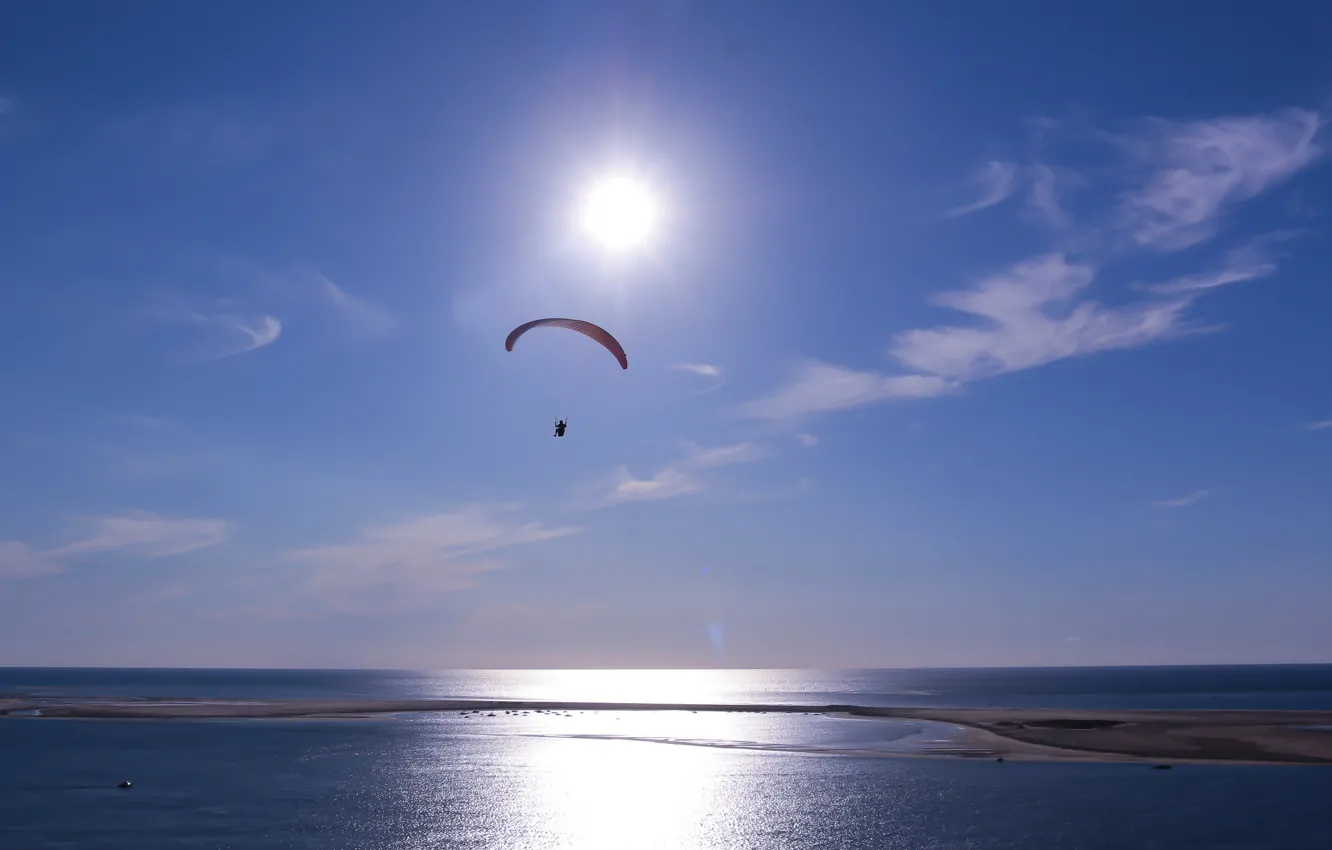 Photo wallpaper sea, the sky, the sun, clouds, parachute, paraglider