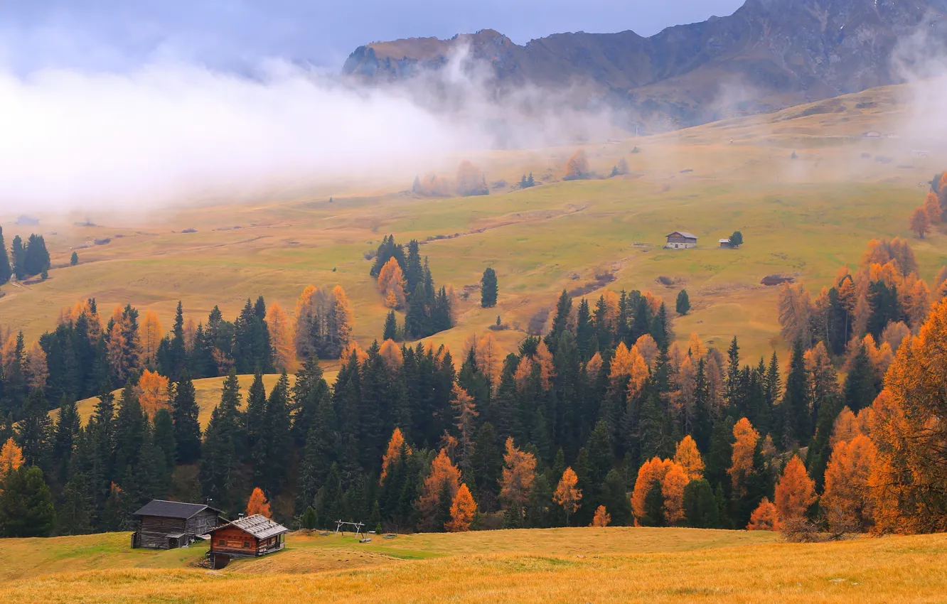 Photo wallpaper autumn, forest, landscape, mountains, fog, Alps, houses, meadows