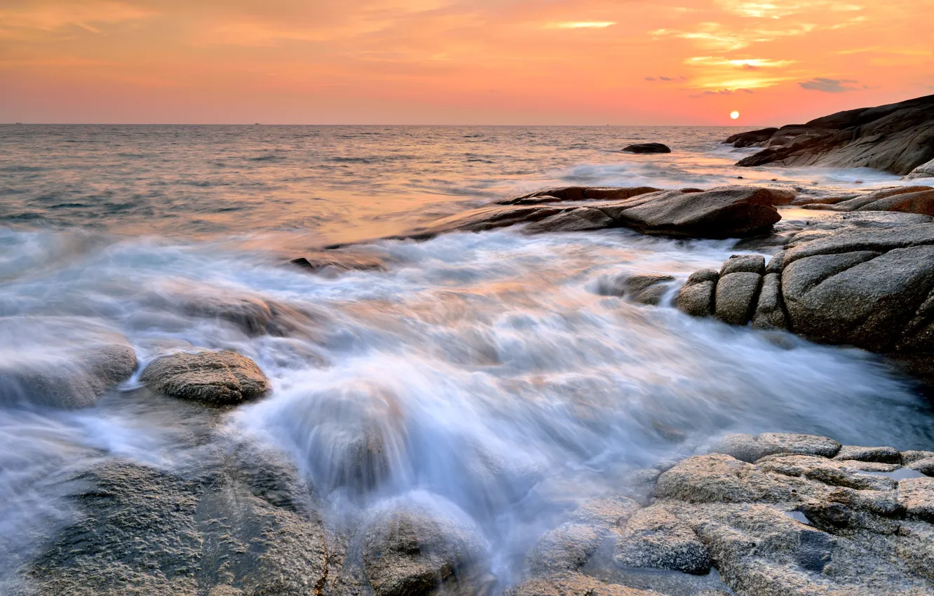 Photo wallpaper sand, sea, wave, beach, summer, the sky, sunset, stones