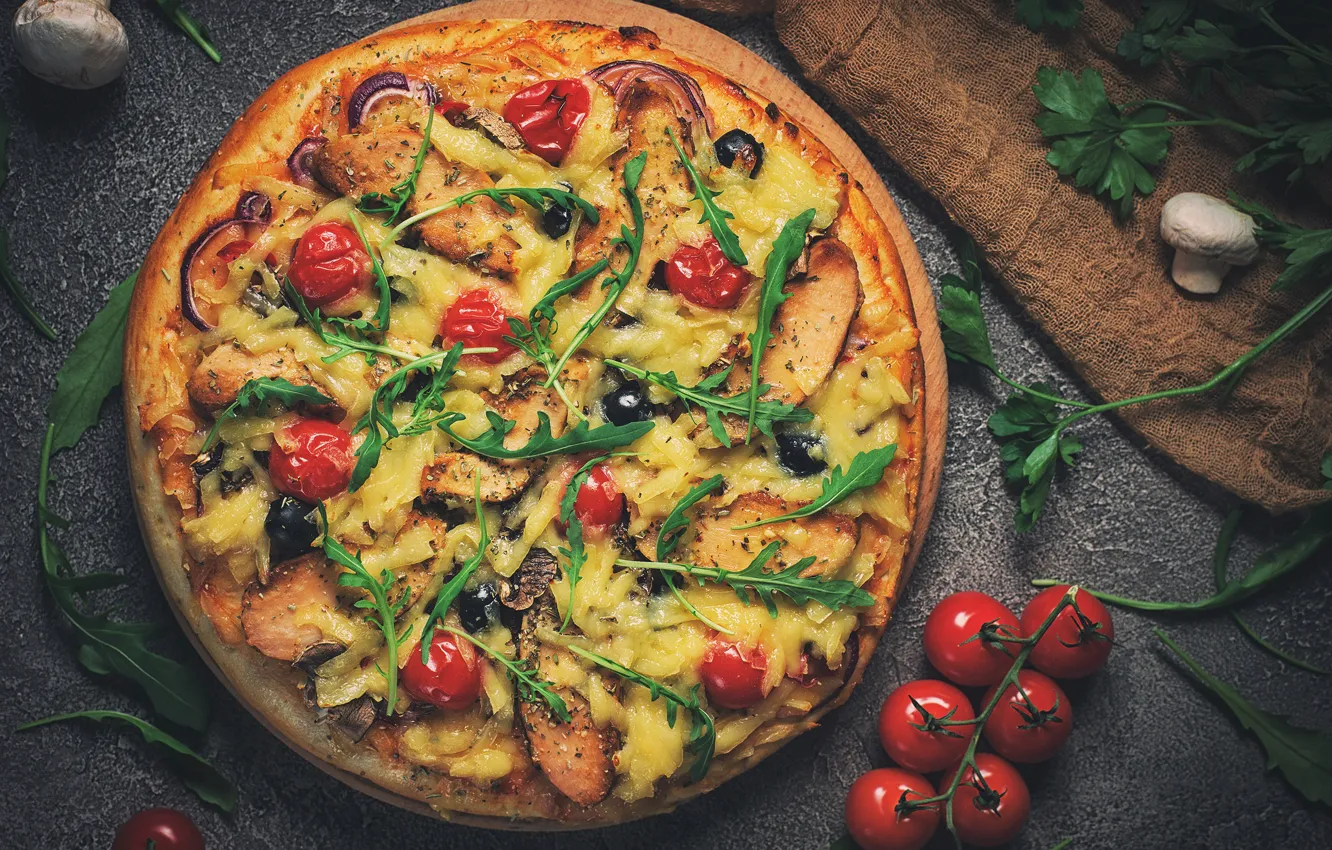 Photo wallpaper greens, mushrooms, cheese, vegetables, pizza, tomatoes, filling, Pizza