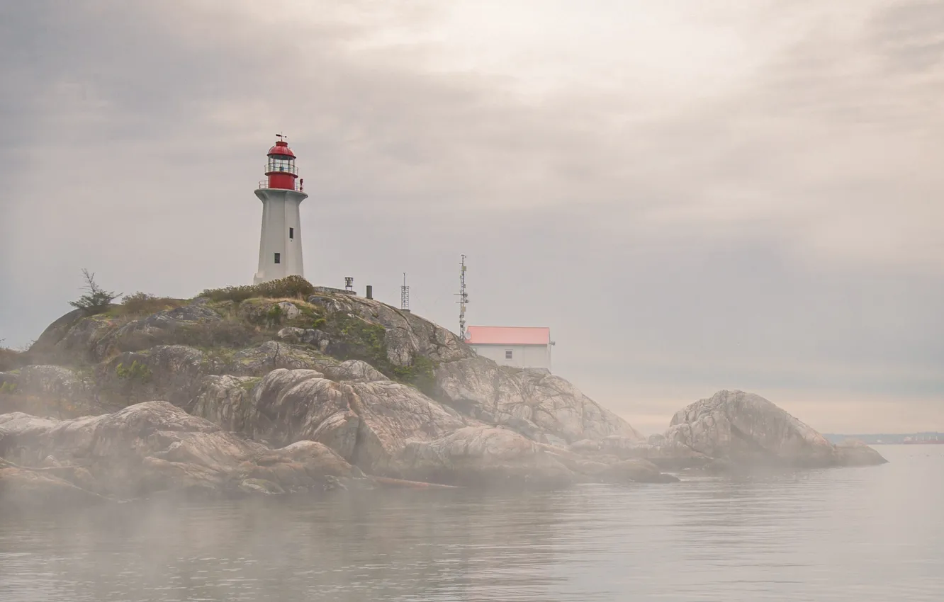 Photo wallpaper sea, nature, fog, house, rocks, lighthouse