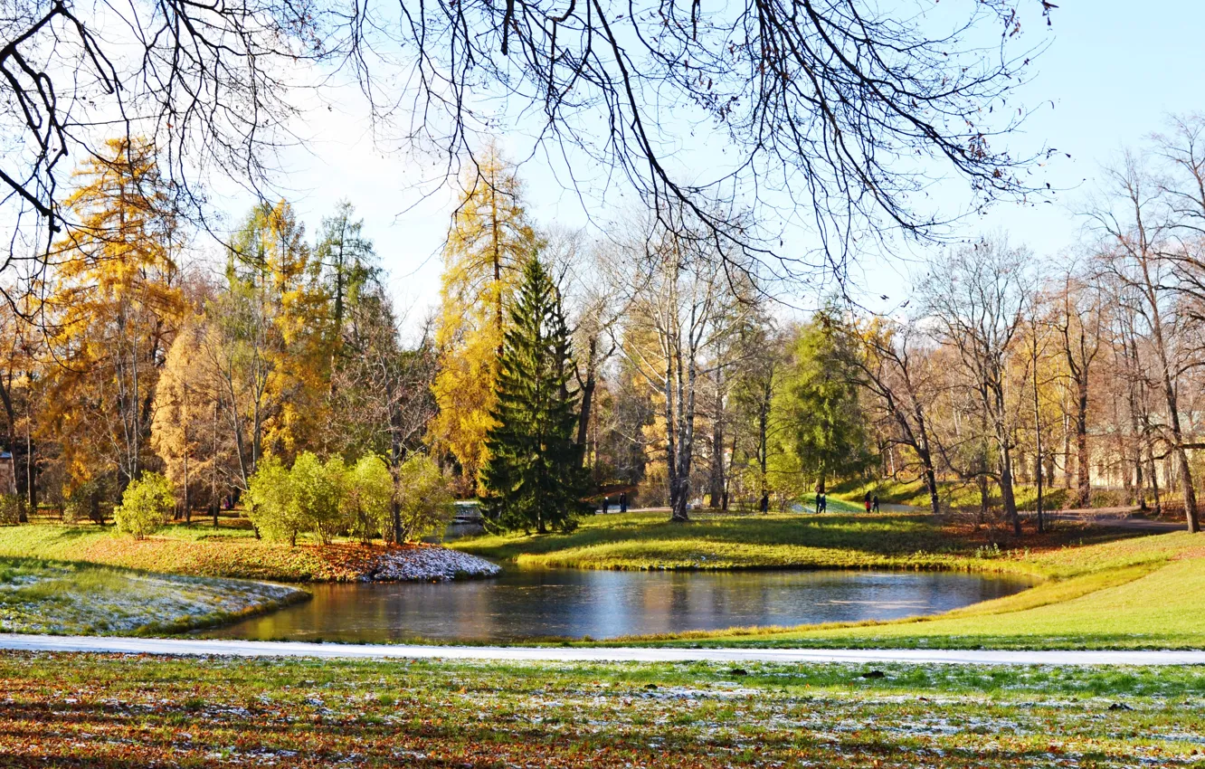 Photo wallpaper The sun, Autumn, Snow, Pond, The beauty around, Pushkino, Tsarskoye Selo