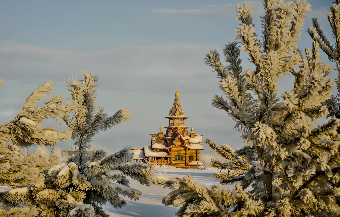 Photo wallpaper winter, snow, landscape, nature, Church, Altay, Vyacheslav Biryukov, Tolstopaltsevo