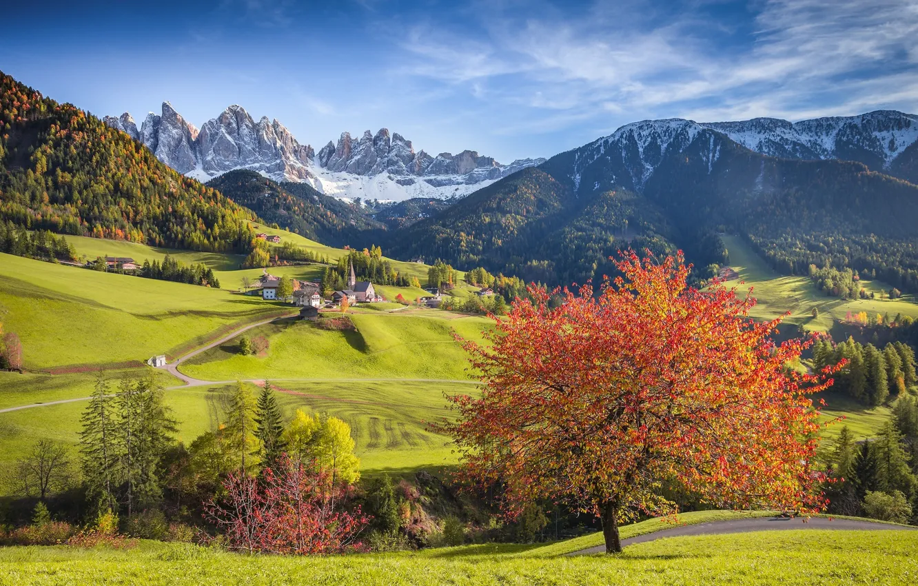 Photo wallpaper autumn, forest, trees, mountains, village, Alps, Italy, Church