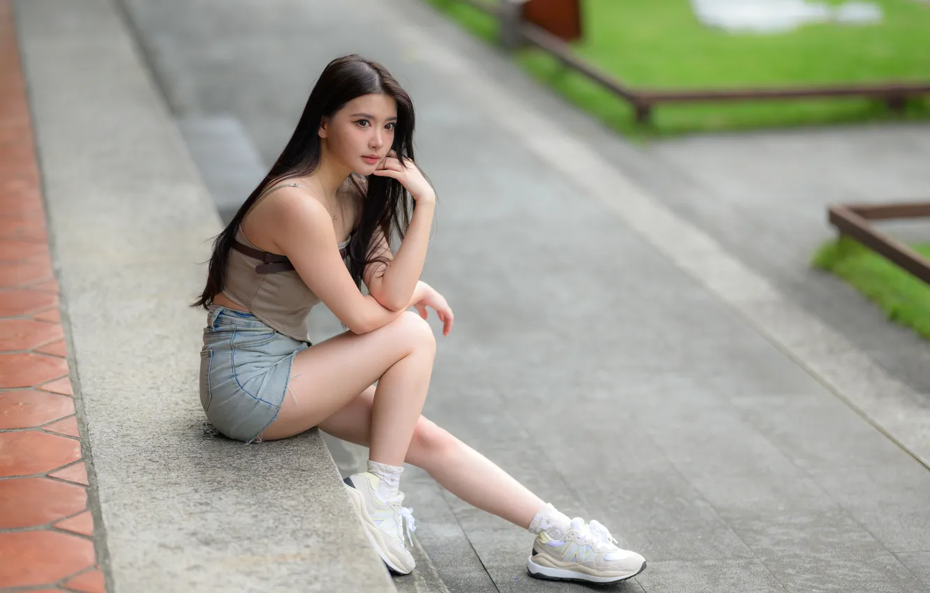 Photo wallpaper feet, skirt, Mike, Asian, sitting, sneakers