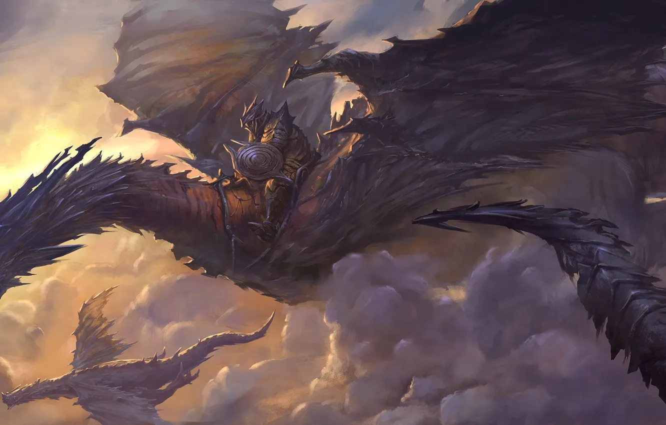 Photo wallpaper flight, dragons, fantasy, art, rider, in the sky, armor