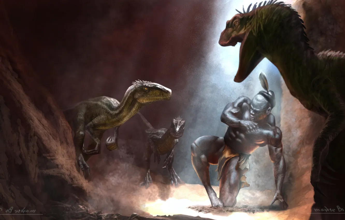 Photo wallpaper danger, people, dinosaur, predator, art, cave, MasterBo, aboriginal