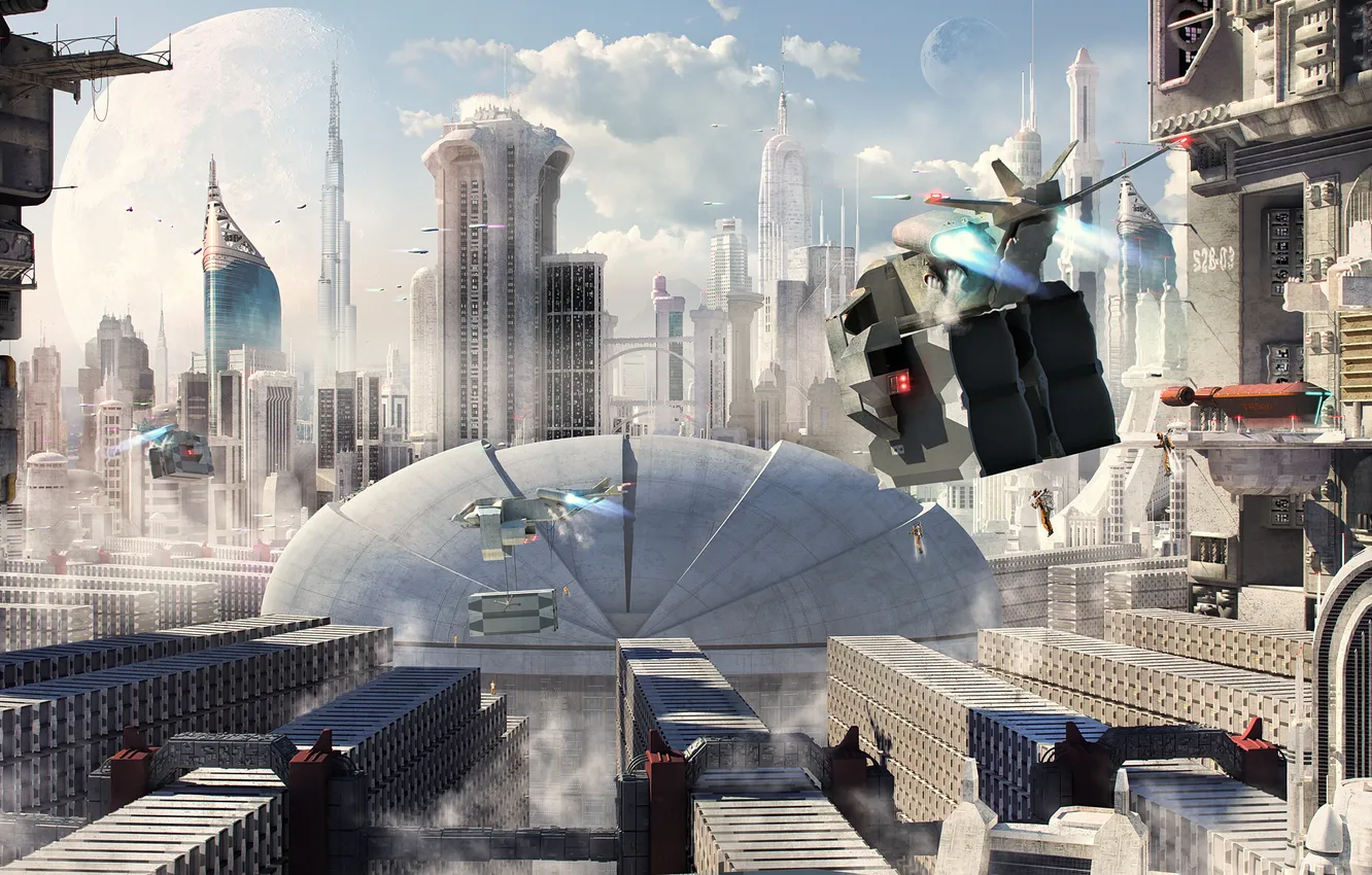 Photo wallpaper the city, fiction, building, day, the plane, cargo