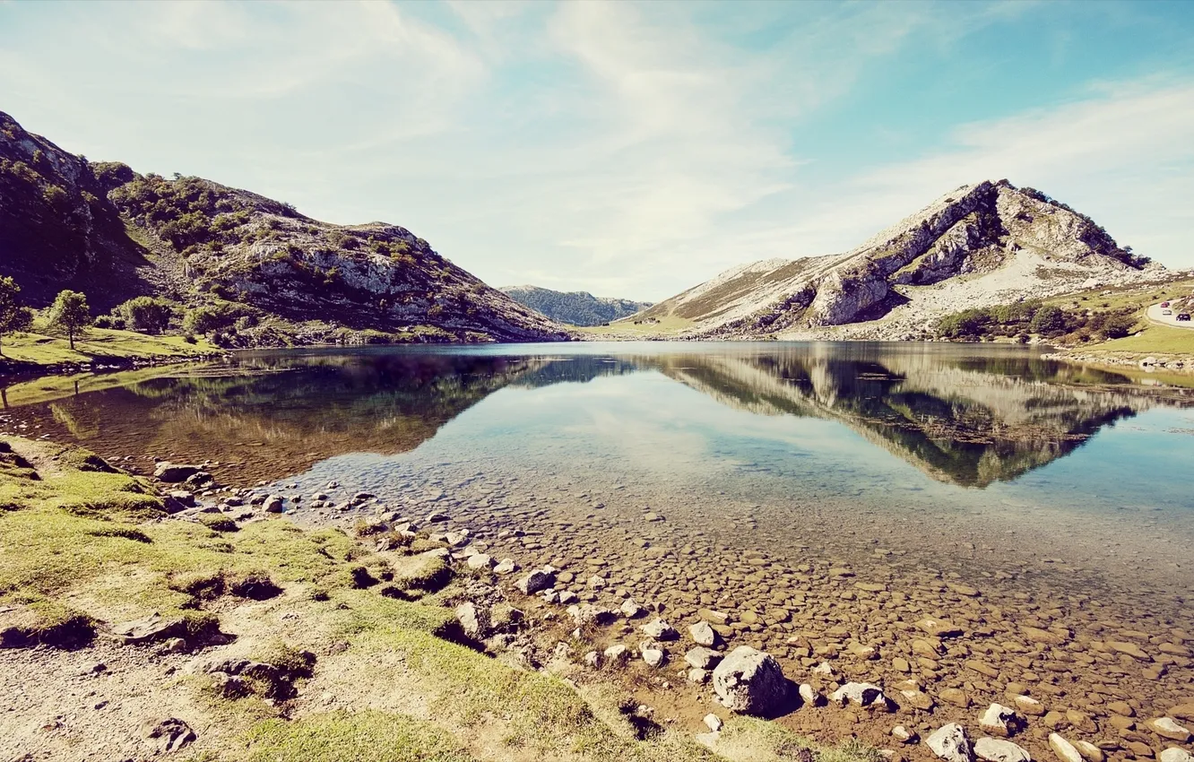 Photo wallpaper the sky, grass, water, clouds, trees, landscape, mountains, nature
