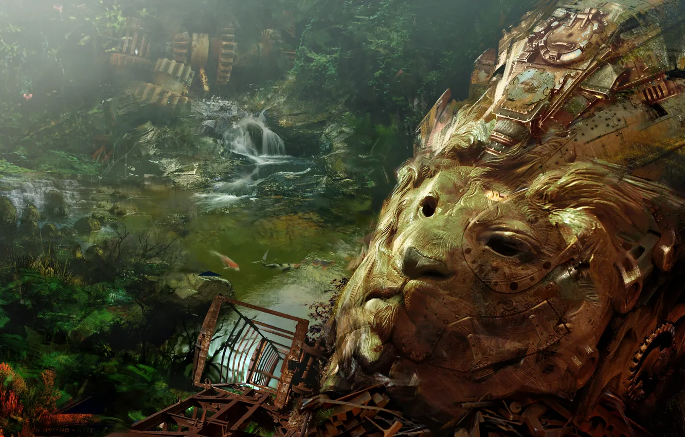 Photo wallpaper the wreckage, water, face, lake, pond, waterfall, fish, details