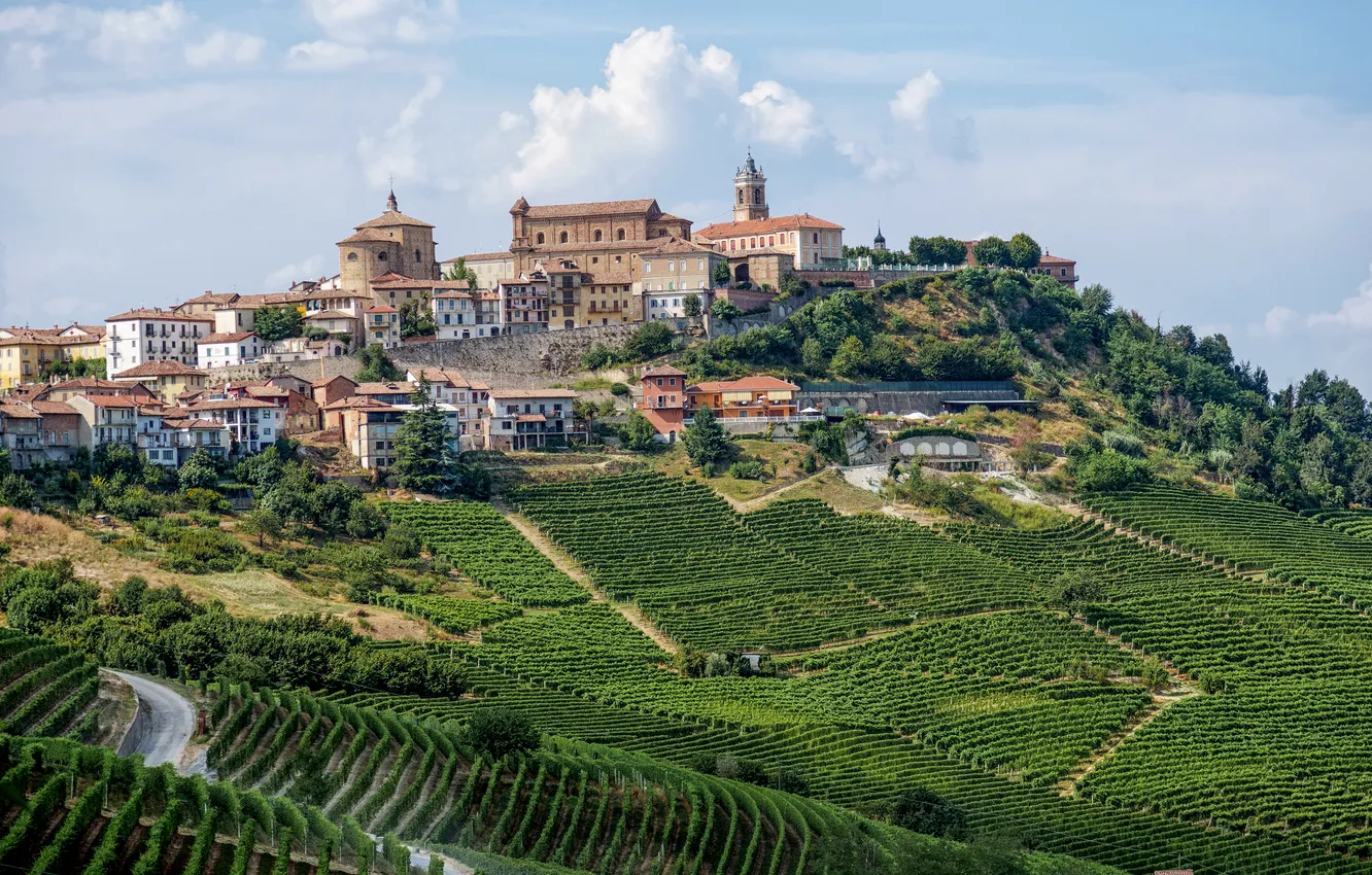 Photo wallpaper greens, field, the city, home, Italy, plantation, The Morra