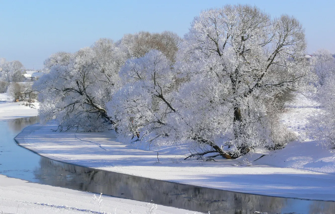 Photo wallpaper winter, frost, the sky, snow, trees, river