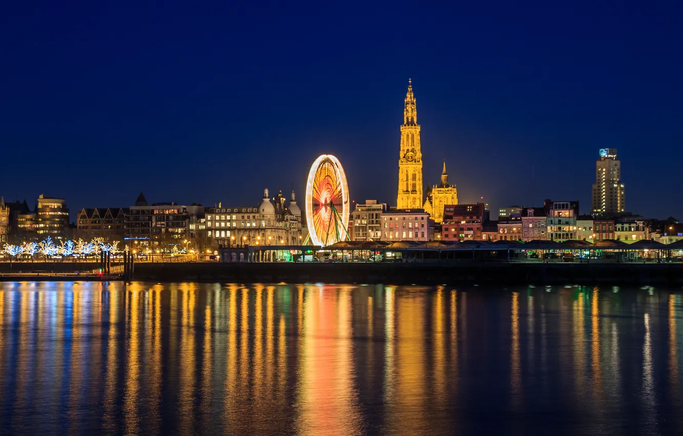 Photo wallpaper night, lights, reflection, mirror, horizon, Ferris wheel, Belgium, Antwerp