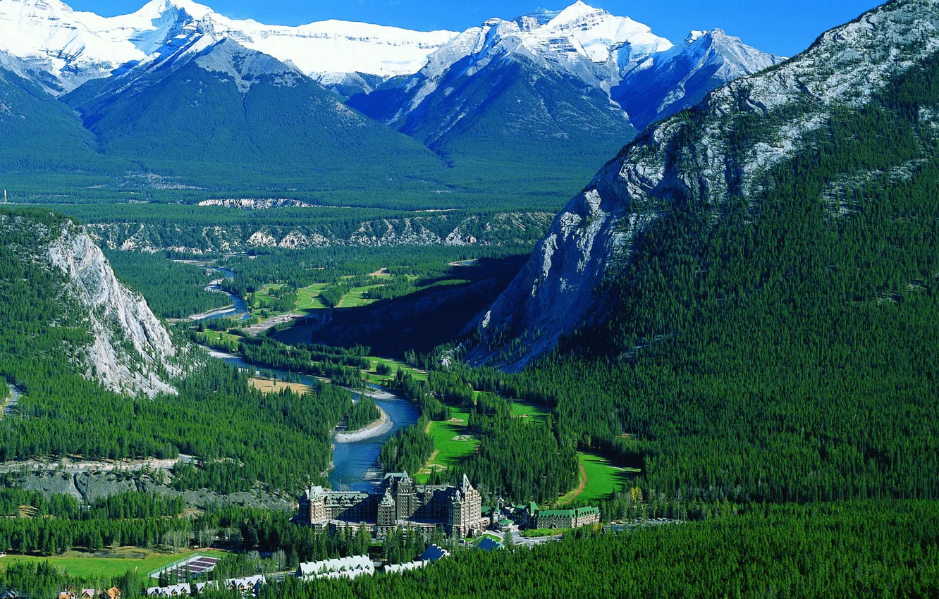 Photo wallpaper forest, mountains, river, Canada, the hotel, Canada, hotel, Banff national park