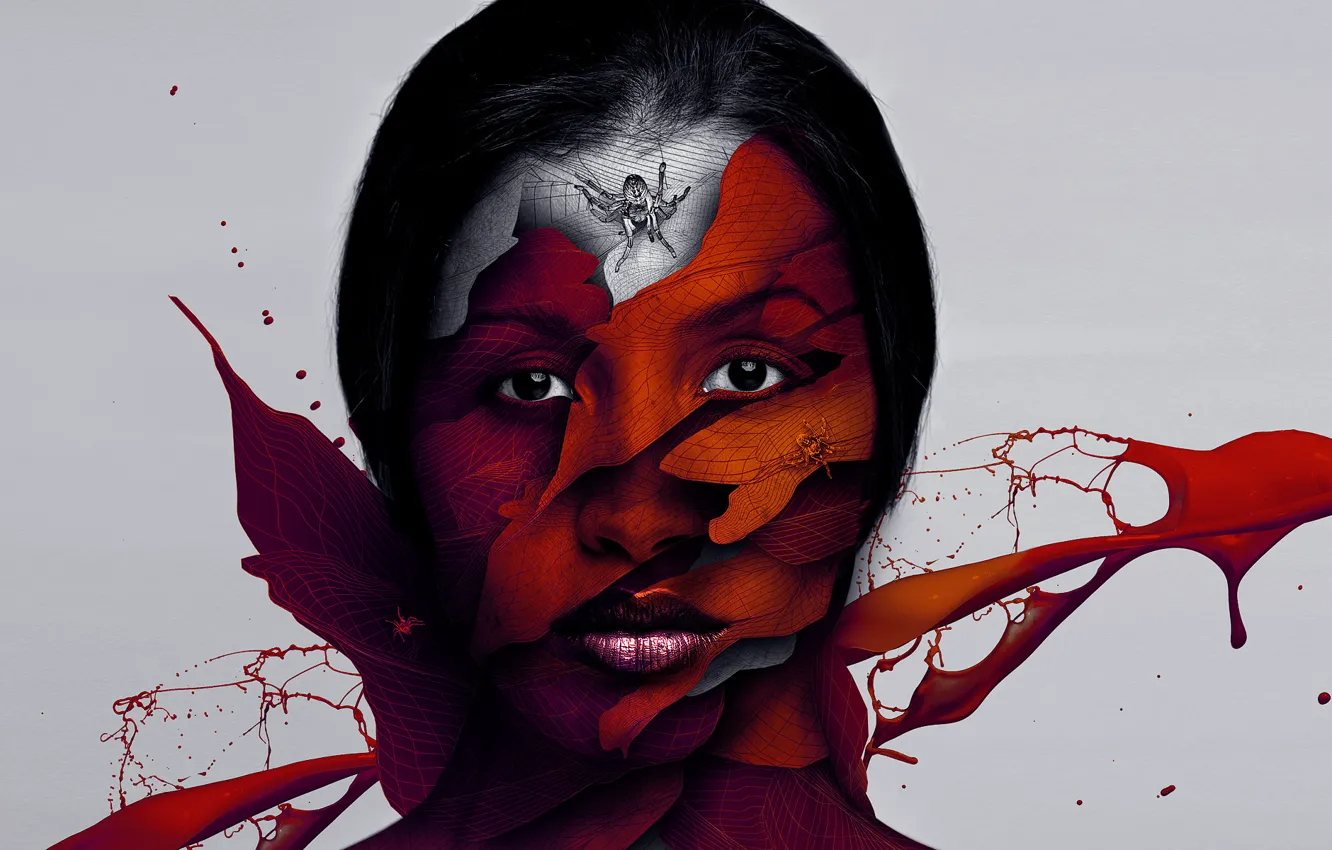 Photo wallpaper eyes, girl, squirt, face, hair, figure, web, spider