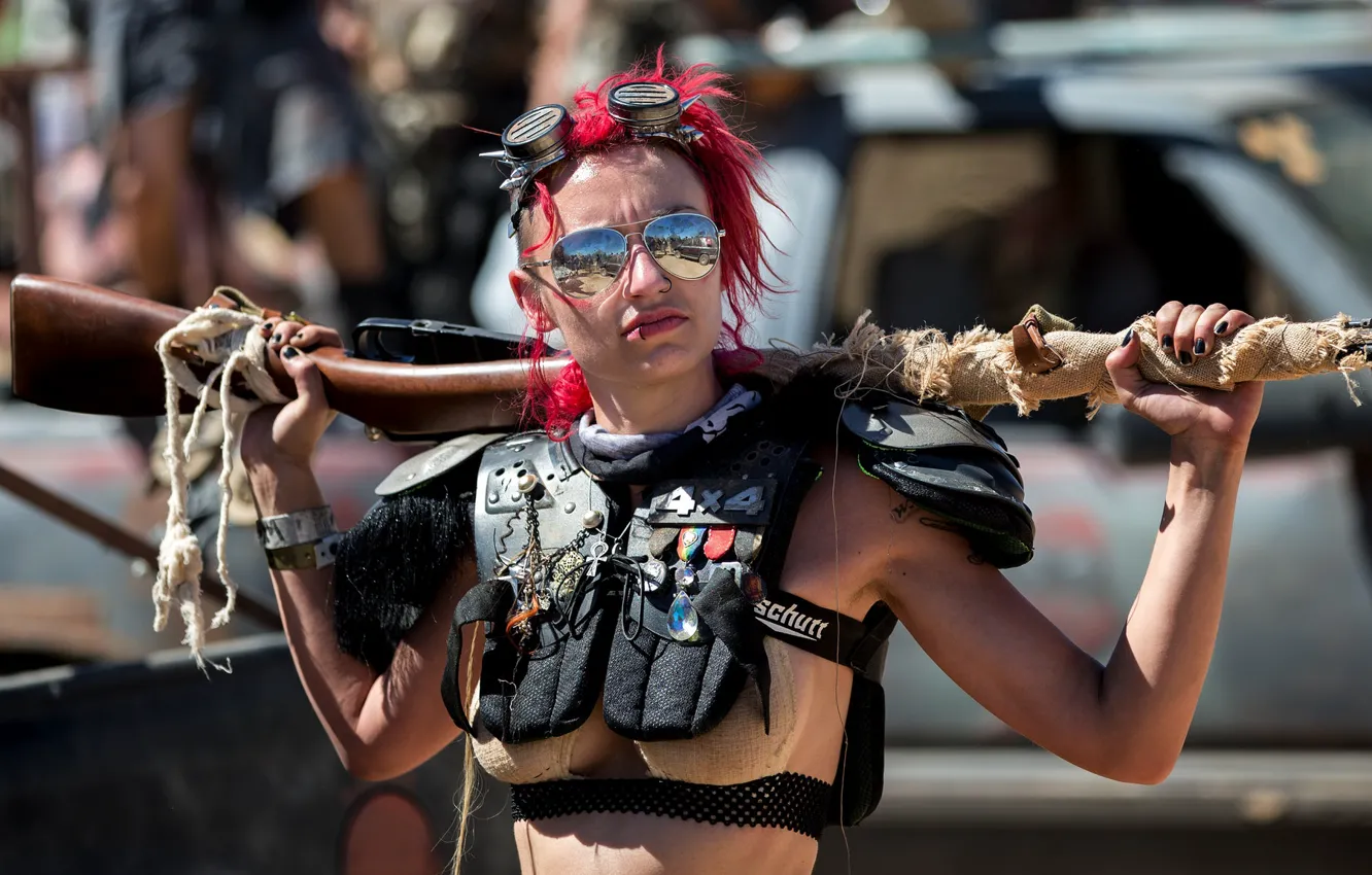 Photo wallpaper girl, style, costume, rifle