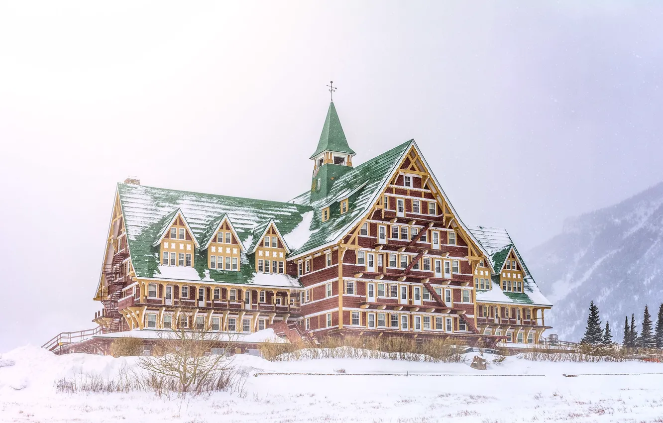 Photo wallpaper winter, forest, snow, mountains, the building, House, the hotel, the hotel