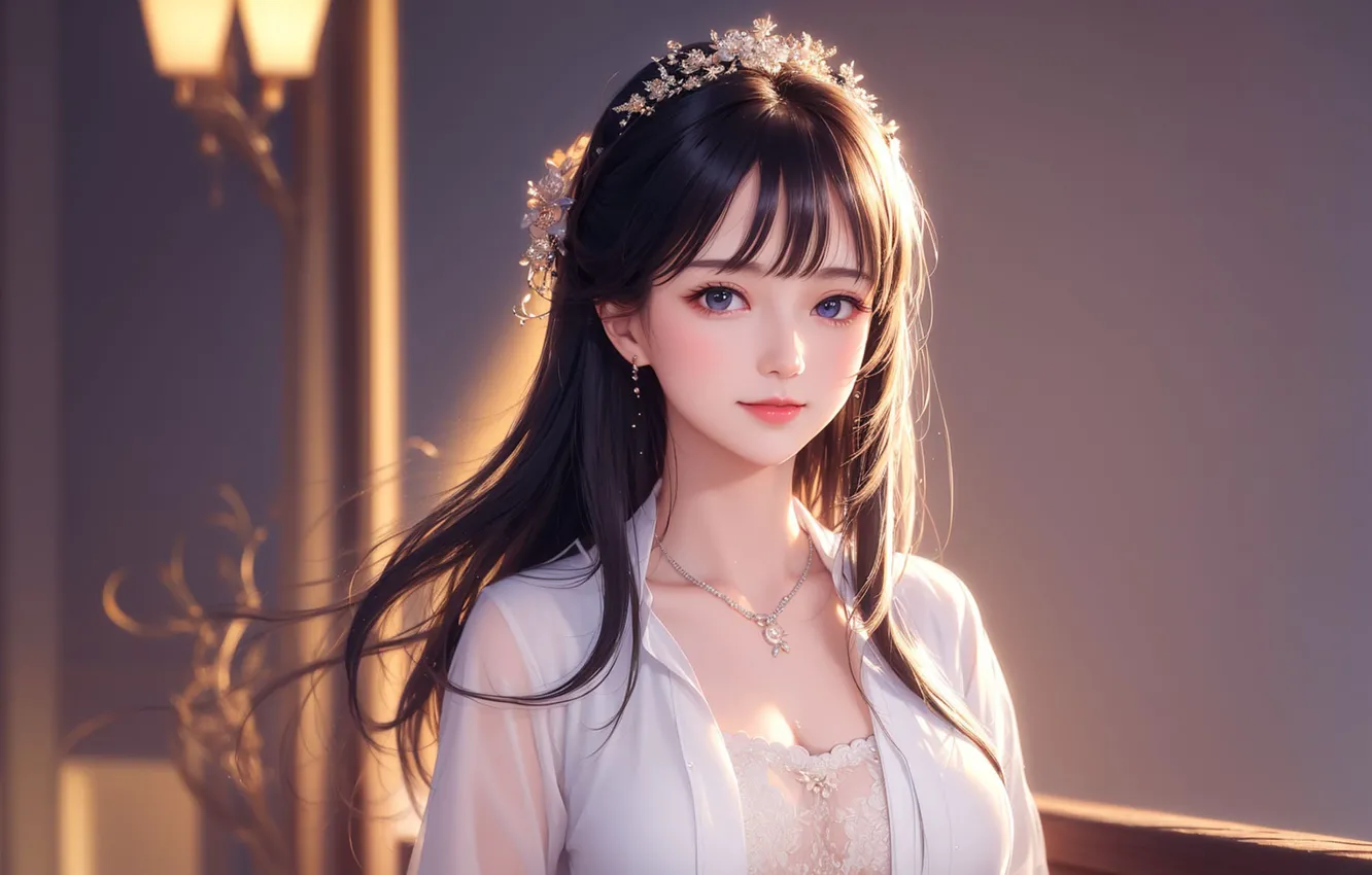 Photo wallpaper girl, brown hair, beautiful, cute, white dress, Girl Beauty