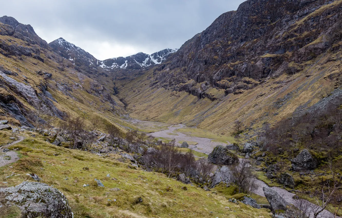 Photo wallpaper the sky, trees, mountains, clouds, nature, stones, rocks, Scotland