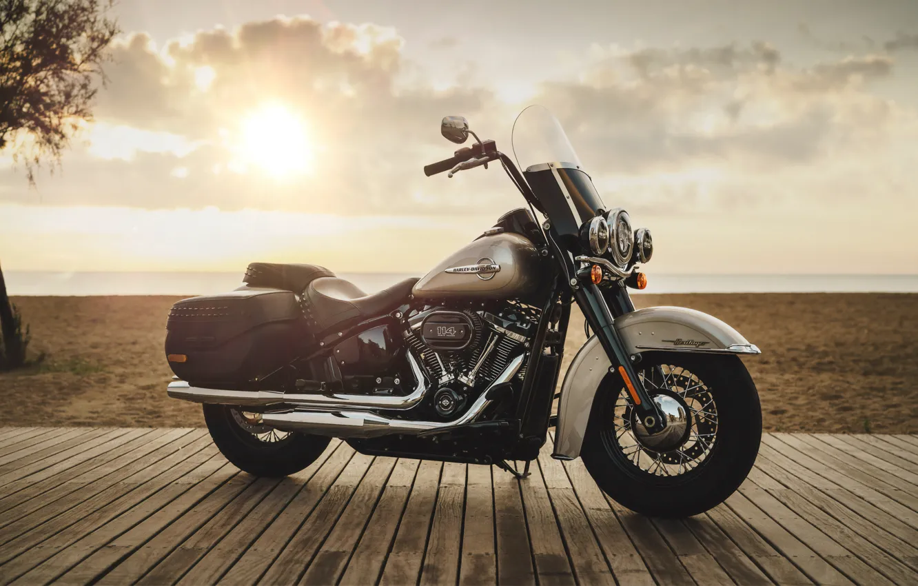 Photo wallpaper sand, beach, the sun, clouds, sunset, motorcycle, Harley, Harley Davidson