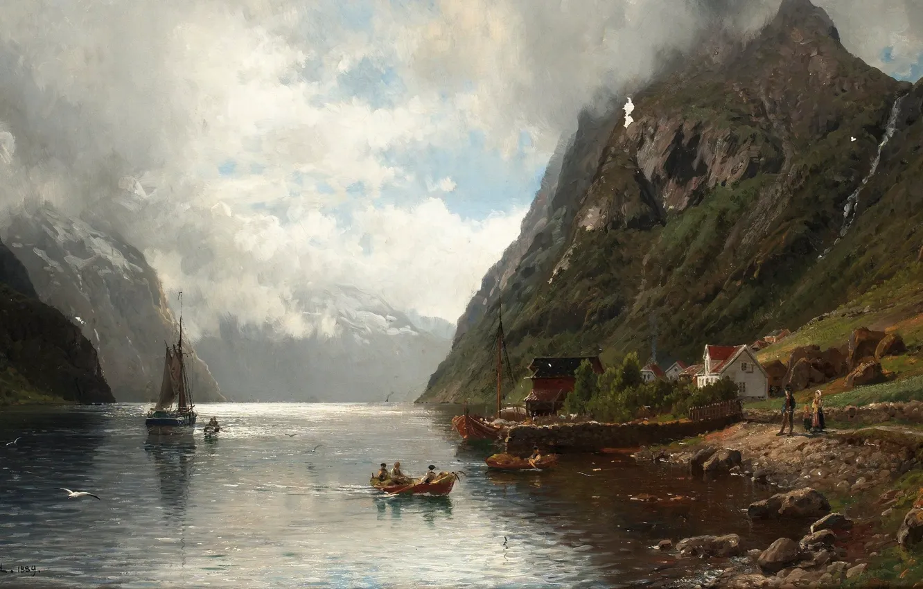 Photo wallpaper picture, painting, painting, 1889, Norwegian Fjord Landscape, landscape with Norwegian fjord, Anders Askevold