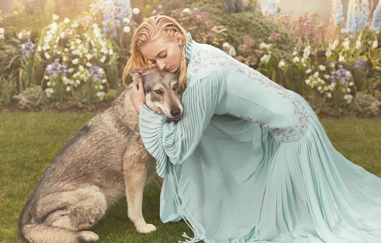 Photo wallpaper look, girl, pose, dog, dress, Sophie Turner