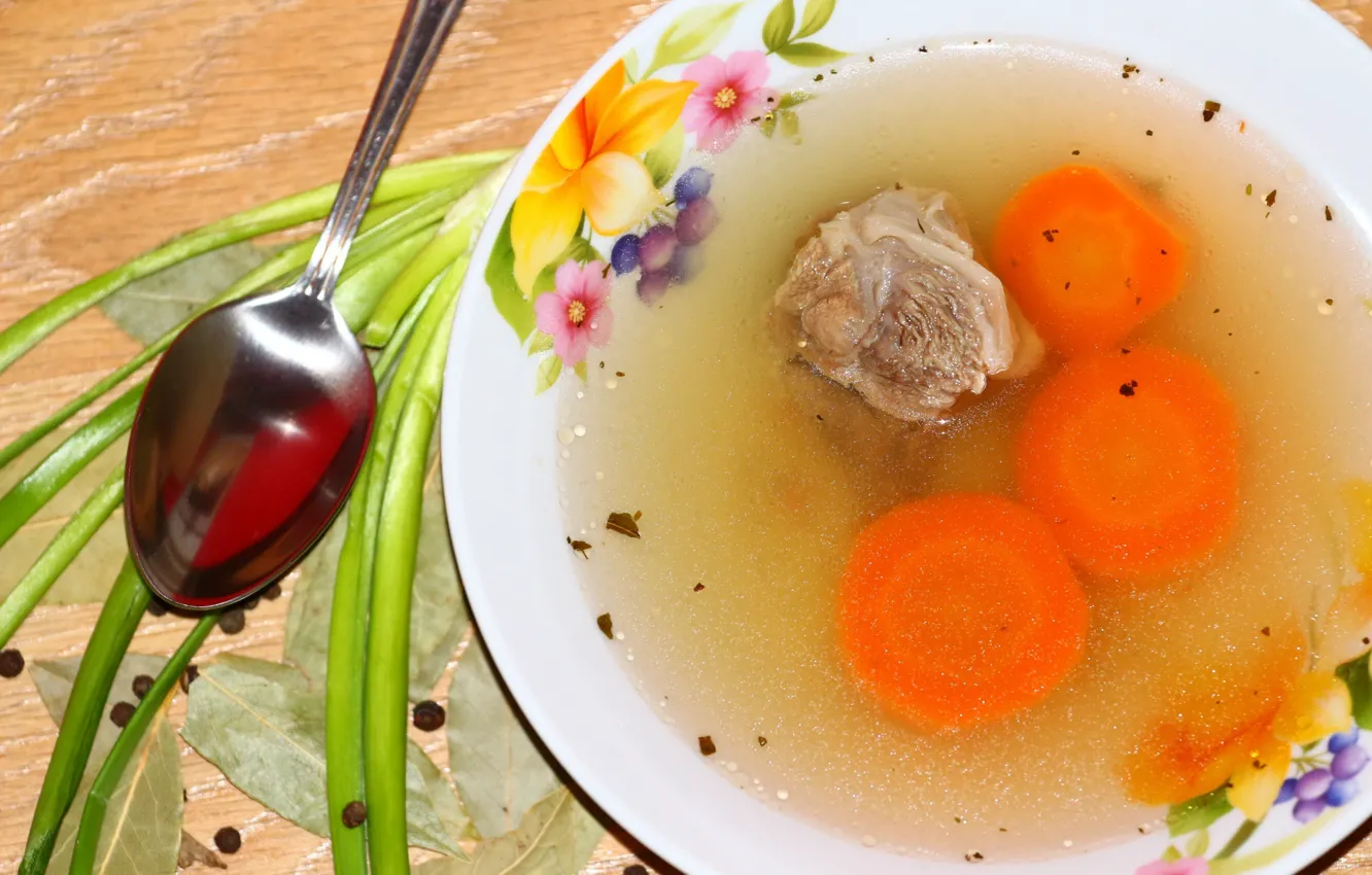 Photo wallpaper table, spoon, soup, meat, broth