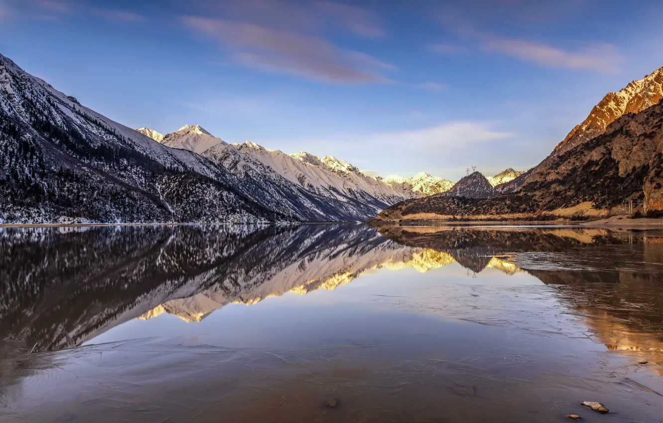 Photo wallpaper sunset, winter, mountains, snow, tibet, Ranwu Lake