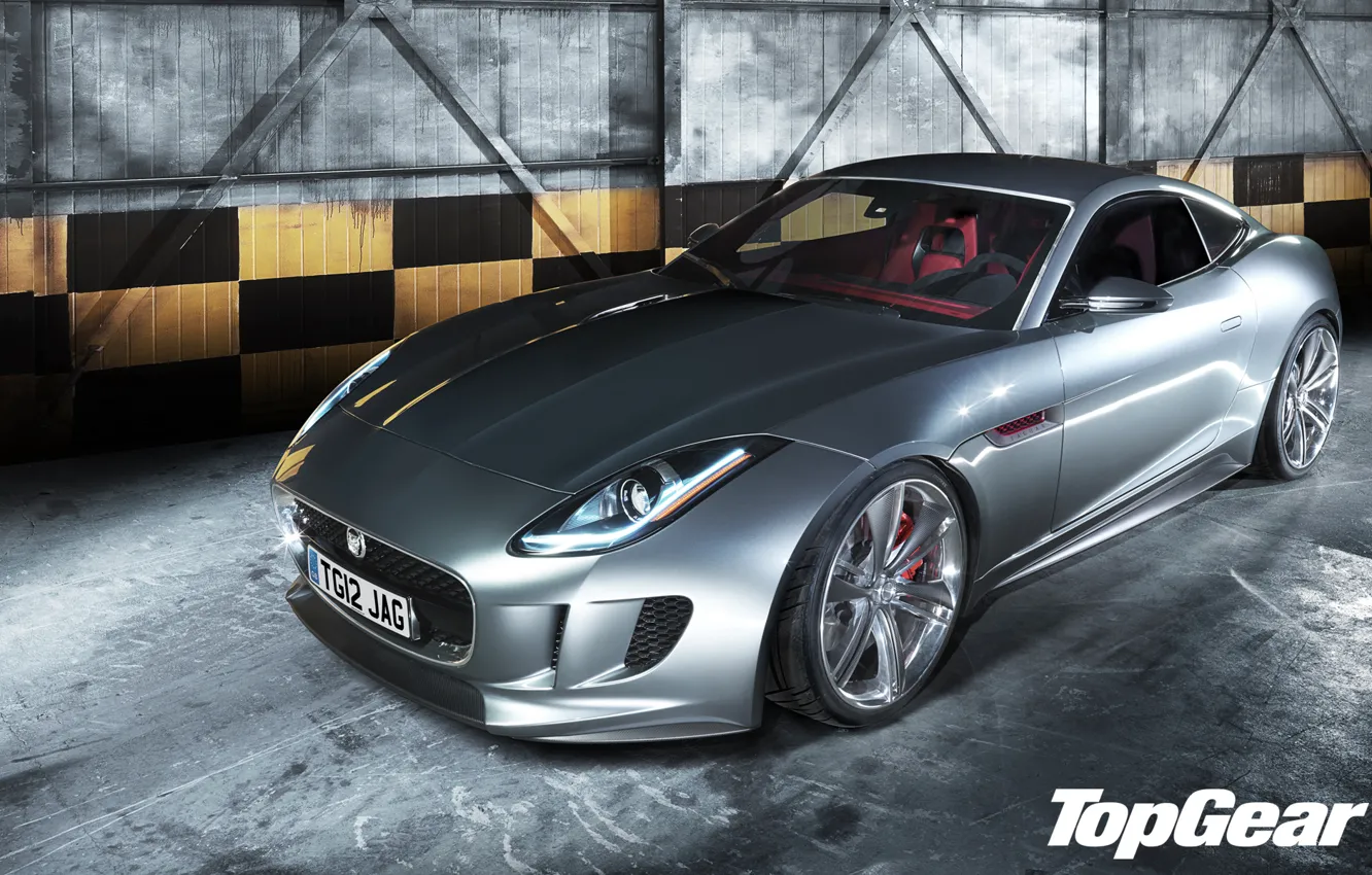 Photo wallpaper Concept, Jaguar, silver, hangar, Jaguar, sports car, top gear, the front