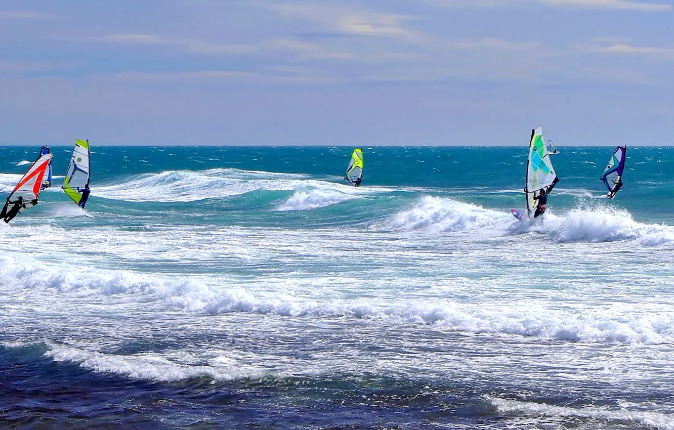 Photo wallpaper sea, wave, the wind, Board, sail, Windsurfing